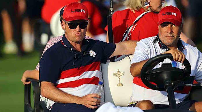 U.S. captain Zach Johnson is pictured in a golf cart at the end of the 2023 Ryder Cup.